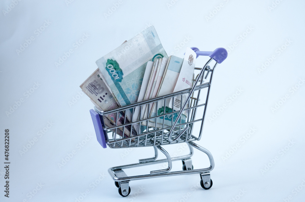 Grocery iron cart with Russian money on a light background