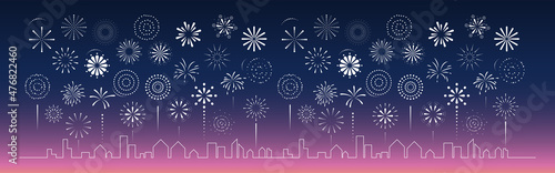 Festival fireworks. Celebrate firecracker burst white line, simple on the sky over the city on blue background. Design cartoon horizontal elements for Happy New year, festive. Vector illustration.