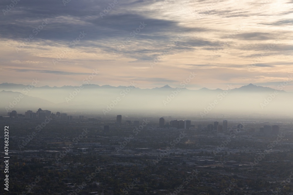 Aerial Landscape View of Smog Pollution Layer Over Metropolitan City of Phoenix Valley from summit of Piestewa Peak in Phoenix Arizona Mountain Preserve