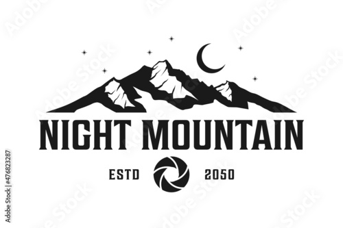 Shutter Lens Aperture as Crescent Moon at Night with Mountain for Adventure Outdoor Nature Photography concept. Photographer Logo Design
