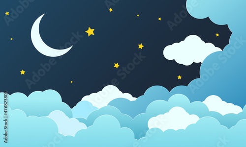 night sky with stars and moon. paper art style. Dreamy background with moon stars and clouds, abstract fantasy background. Half moon, stars and clouds on the dark night sky background.