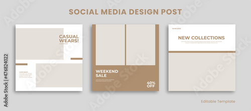Set 3 of Editable Social Media Instagram Design Post Template with Minimalist Style. Suitable for Post, Sale Banner, Promotion, Ads, Advertising, Product Fashion, Beauty, Salon, Presentation