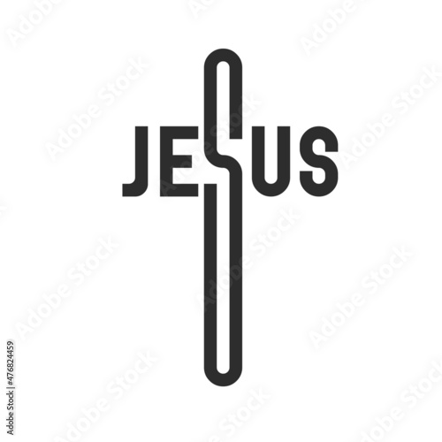 JESUS. Creative emblem. Stylized text in the shape of a crucifix. Flat isolated Christian vector illustration, biblical background.