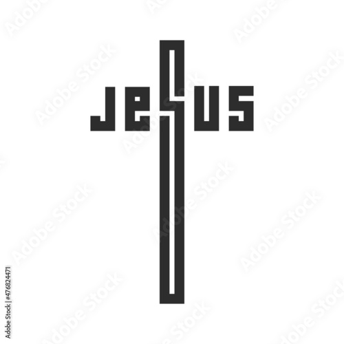 JESUS. Creative emblem. Stylized text in the shape of a crucifix. Flat isolated Christian vector illustration, biblical background.