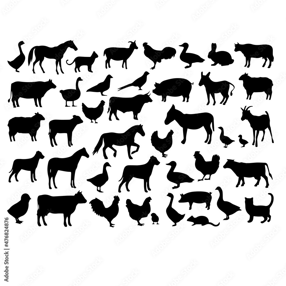 silhouette farm animals duck, horse, chicken, cow, pig, cat, goat illustration background design