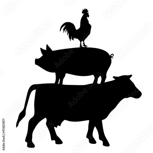 silhouette farm chicken, pig, cow, illustration background design