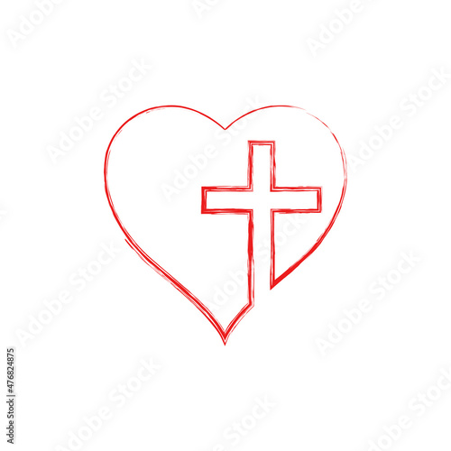 Christian cross sign in the heart inside. Continuous line drawing. Flat isolated Christian vector illustration, biblical background.
