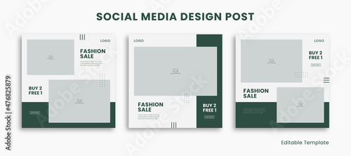 Set of 3 Editable Templates Social Media Design Post with Minimalist and Modern Style Green Color Theme. Suitable for Sale Banner, Branding, Promotion, Presentation, Advertising, Fashion Sale, Layout