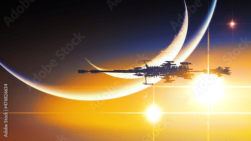 Futuristic science fiction space art. Digital artwork. Fantasy scenery.