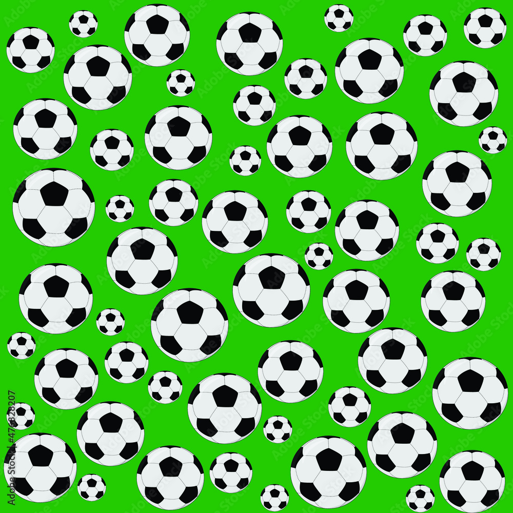 Pattern from soccer balls on a green background. Background with sports theme Pattern from soccer balls on a green background. Background with sports theme