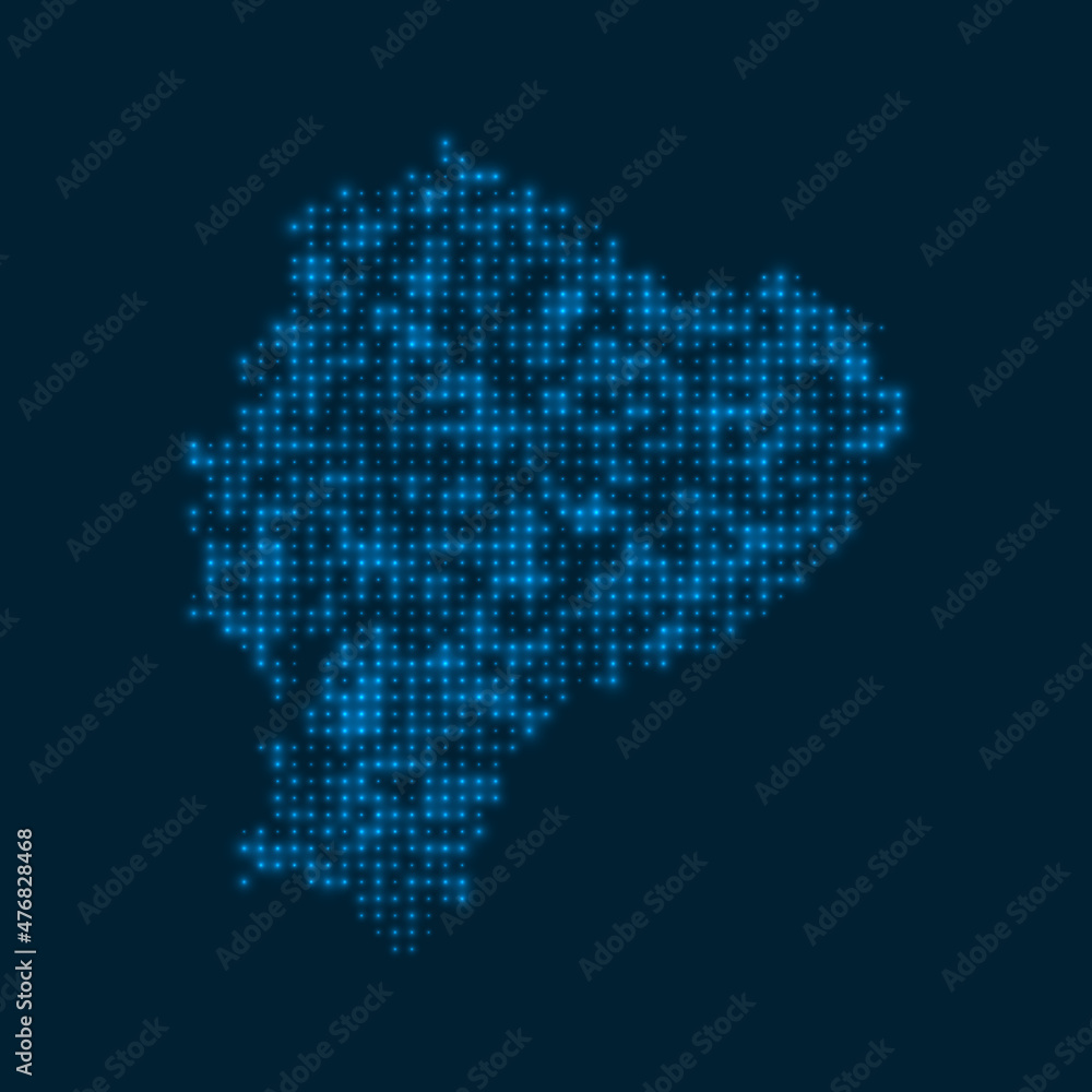 Ecuador dotted glowing map. Shape of the country with blue bright bulbs. Vector illustration.