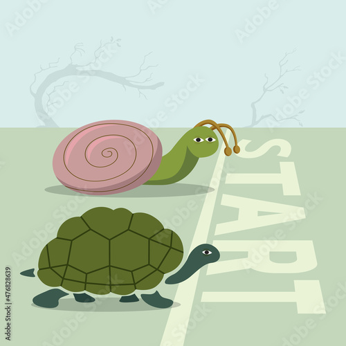 Turtle and snail at the starting point, Illustration vector cartoon
