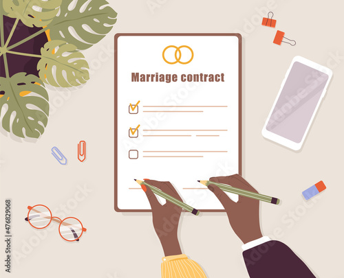 Marriage contract. Couple signs prenuptial agreement document. Prenup wedding certificate. Family divorce concept. Top-down view. Vector illustration in flat cartoon style.