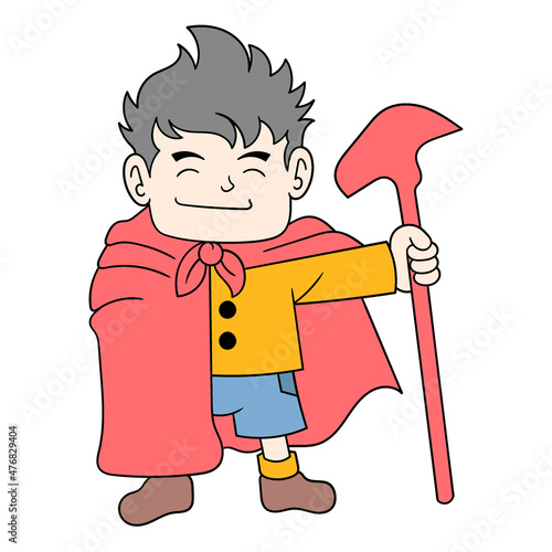 magician boy carrying a stick, doodle icon image kawaii