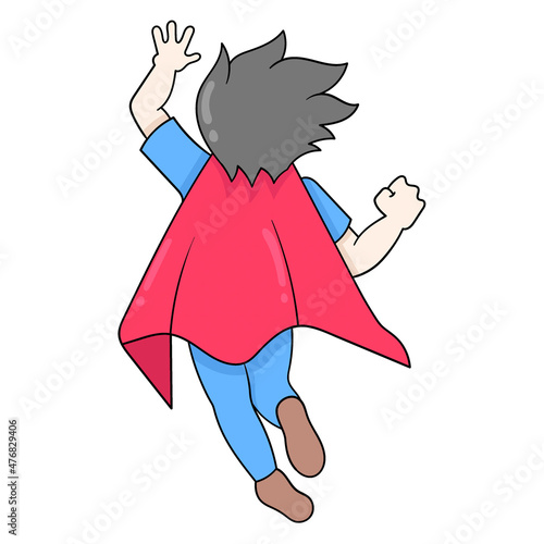 boy superhero fly into space, doodle icon image kawaii