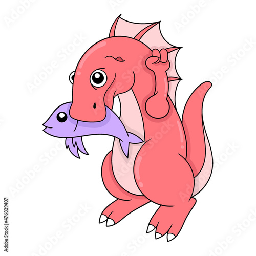 red monster carrying fish food in its mouth, doodle icon image kawaii