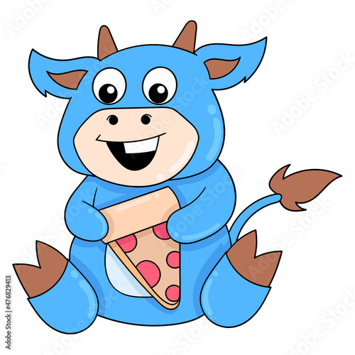 blue cow sitting enjoying slice of pizza, doodle icon image kawaii