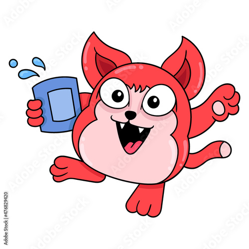 red monster carrying a can of drink, doodle icon image kawaii