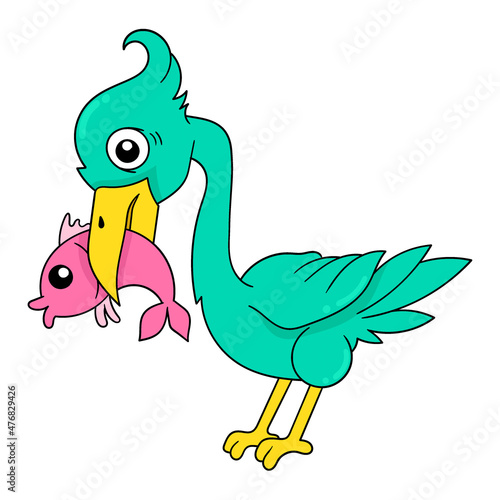 the stork is eating the fish in its mouth, doodle icon image kawaii