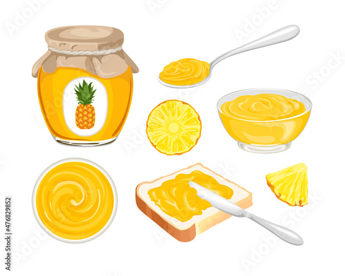 Pineapple jam set. Yellow marmalade spread on piece of toast bread, knife, glass jar with jelly, spoon, bowl and fresh fruit slices isolated on white background. Vector cartoon flat illustration.