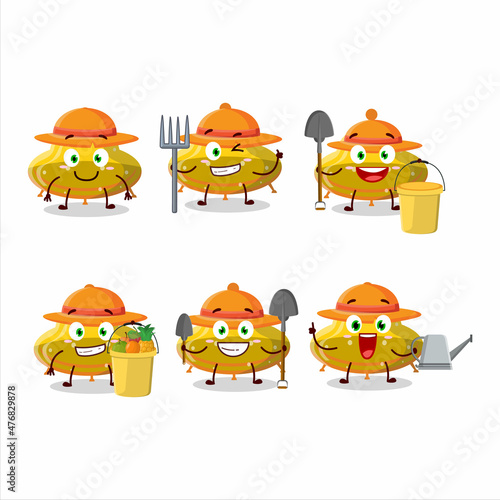 Farmer UFO yellow gummy candy cute mascot character with fork