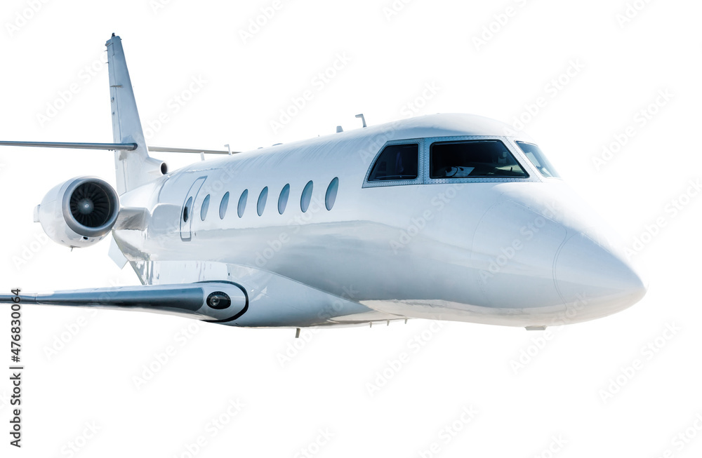 White modern luxury business jet flies isolated on white background