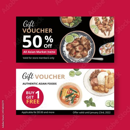 Voucher template with Hong Kong food concept,watercolor style
