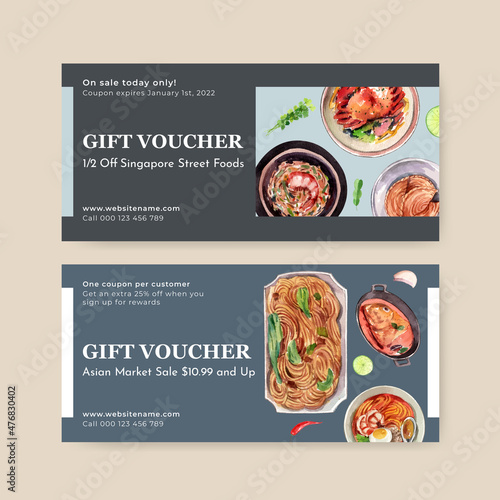 Voucher template with Singapore cuisine concept,watercolor style