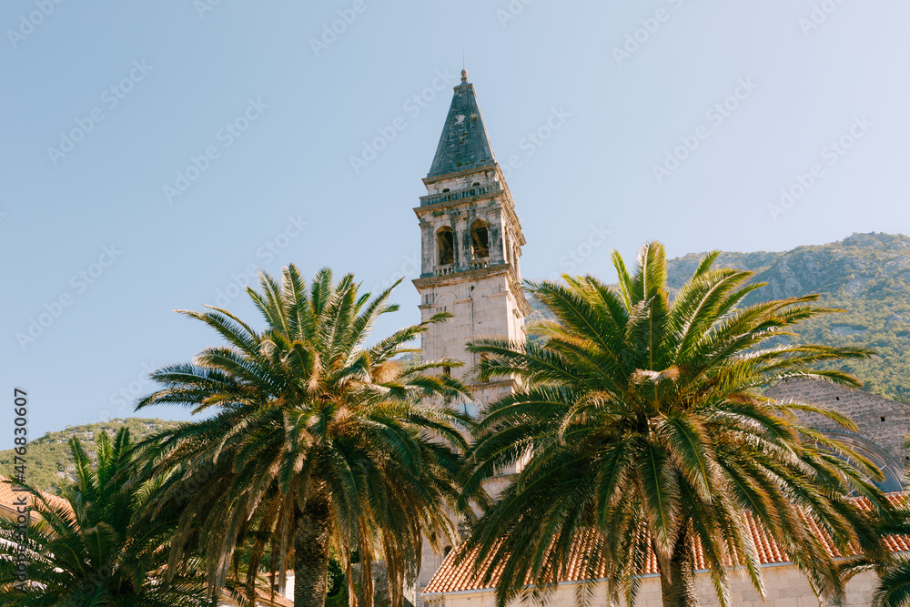 View through the tops of the palm trees to the tower of the Church of St. Nicholas. Montenegro