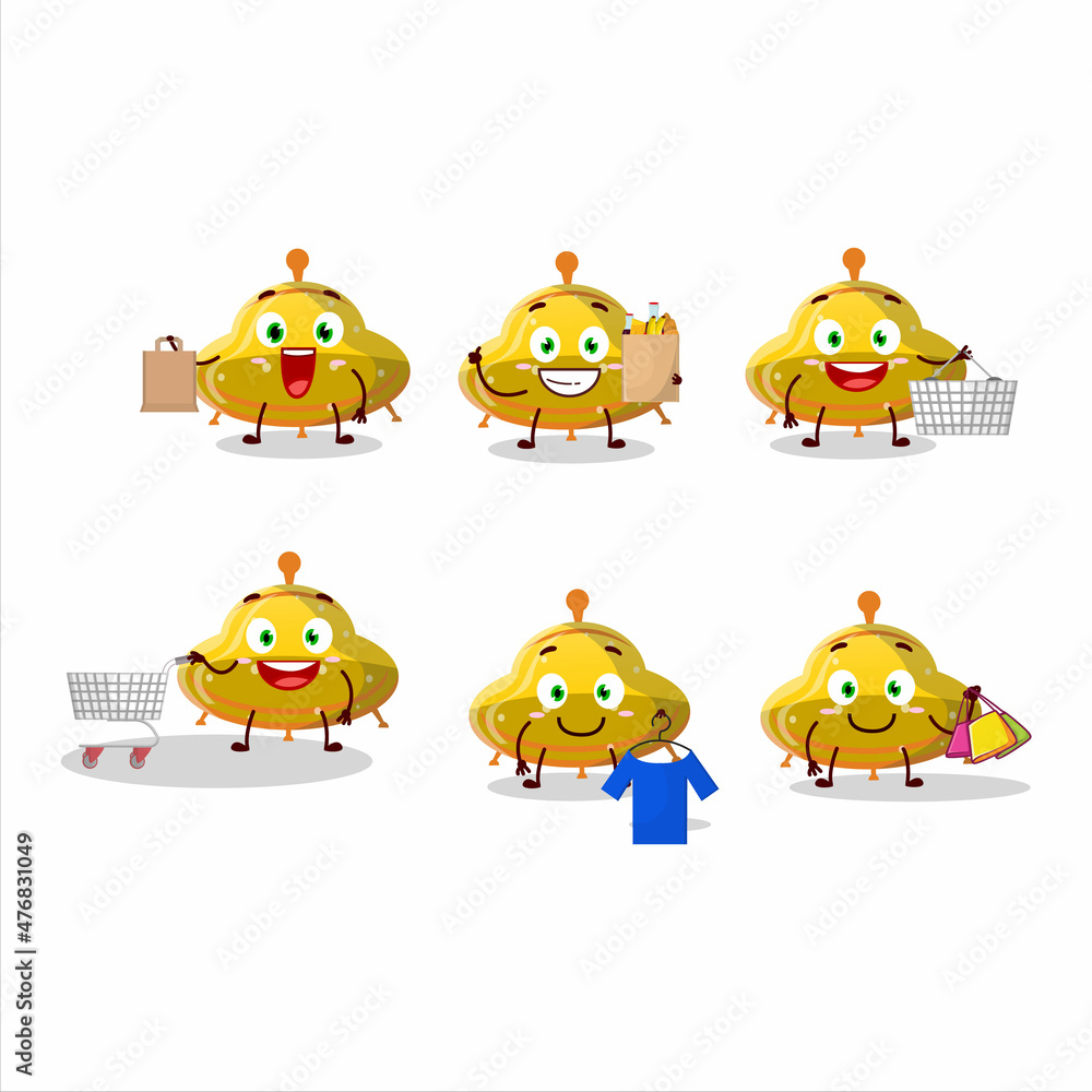A Rich UFO yellow gummy candy mascot design style going shopping