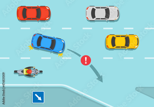 Safety driving car rules. Dangerous and wrong exit from the main road or from highway. Diverge road scene. Flat vector illustration template.