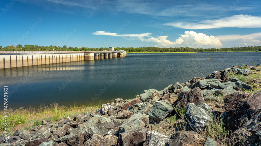 North Pine Dam built in 1976 with a concrete spillway across the North Pine River in South East Queensland, Australia
