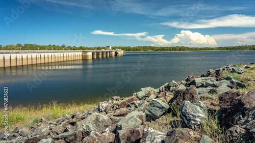 North Pine Dam built in 1976 with a concrete spillway across the North Pine River in South East Queensland  Australia