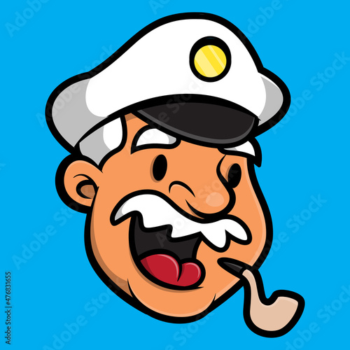 Cartoon illustration of old man face with mustache wearing Ship captain hat, smoking tobacco with pipe, best for mascot, logo, and sticker with nautical themes