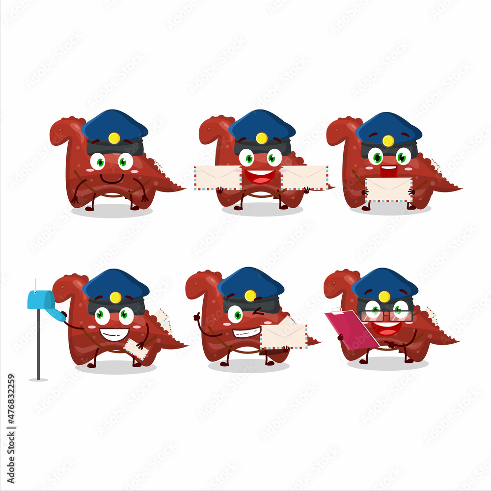 A picture of cheerful red dinosaur gummy candy postman cartoon design concept A picture of cheerful red dinosaur gummy candy postman cartoon design concept