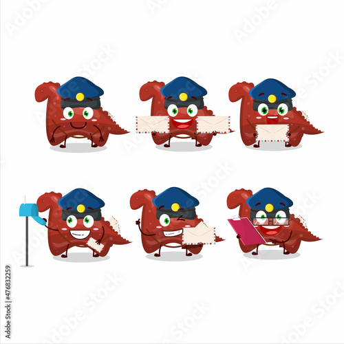 A picture of cheerful red dinosaur gummy candy postman cartoon design concept