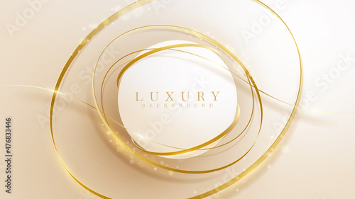 Circle frame and gold ribbon with glitter light effect element. Pastel cream elegant background.