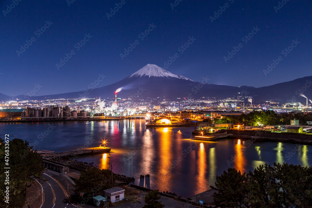 富士市田子の浦みなと公園から田子の浦港の夜景と月夜の富士山