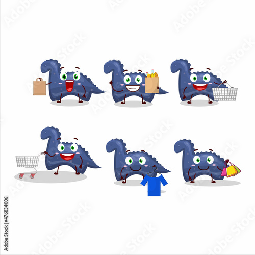 A Rich blue dinosaur gummy candy mascot design style going shopping
