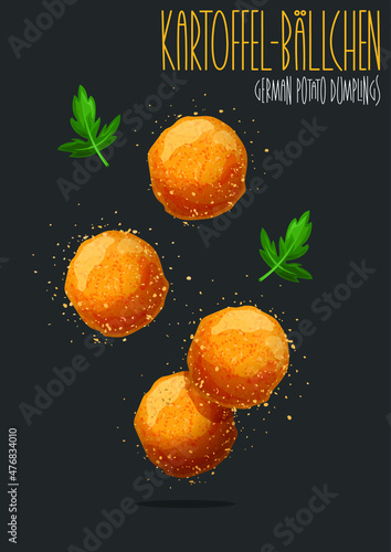 Kartoffelbällchen - German potato dumplings. Potato croquettes - mashed potatoes balls breaded and deep fried. Vector illustration