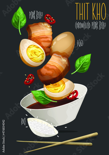 Thit Kho. Vietnamese caramelised pork belly with hard-boiled eggs. Vector illustration