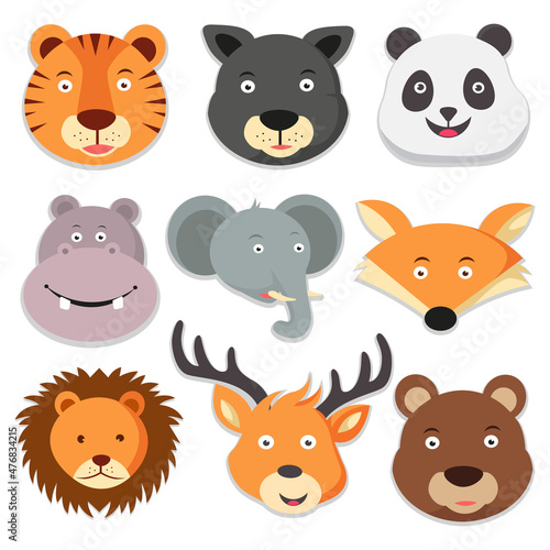 Wildlife animals cartoon icons set of tiger bear panda hippo elephant fox lion deer vector illustration