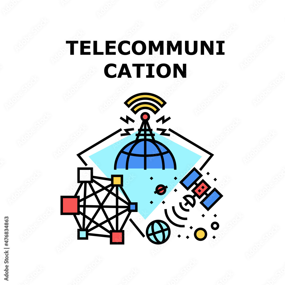 Telecommunication technology. Digital wireless. Satellite tower. Network data antenna vector concept color illustration