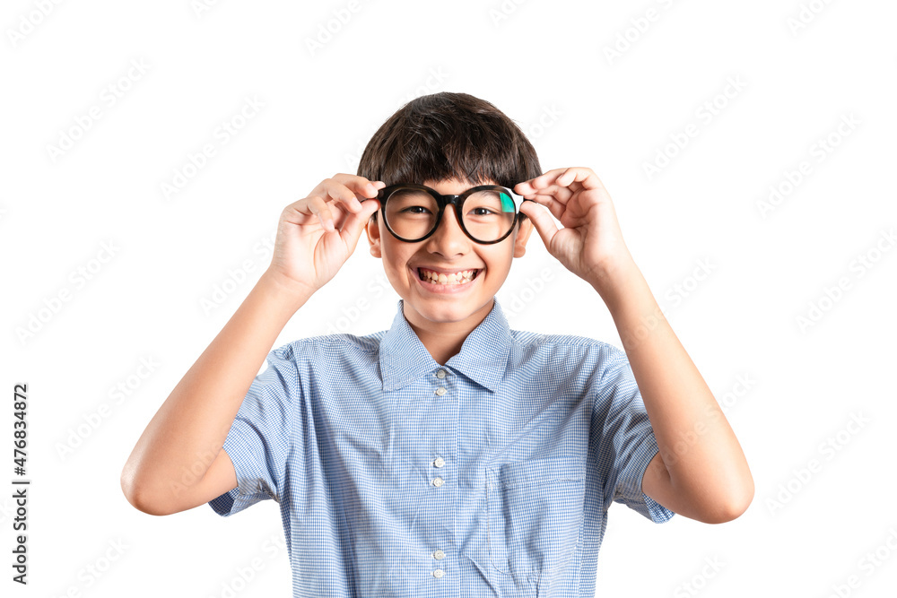 Smart boy in big glasses is smiling open mouth with big eyes surprised excited and shocked by new glasses, Education inspired. Gadgets poor vision and Emotions concept ideas. Over white background Smart boy in big glasses is smiling open mouth with big eyes surprised excited and shocked by new glasses, Education inspired. Gadgets poor vision and Emotions concept ideas. Over white background