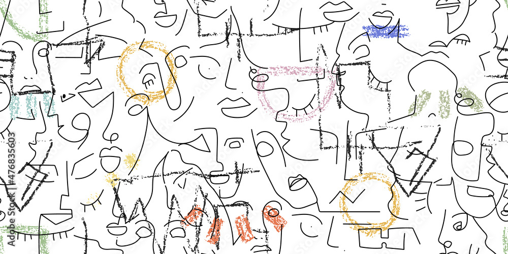 One line drawing. Abstract face seamless pattern. One line drawing. Abstract face seamless pattern.