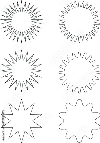 Design elements, shapes, stars with spiky and rounded corners. Transparent background.  Abstract vector illustration, eps 10.