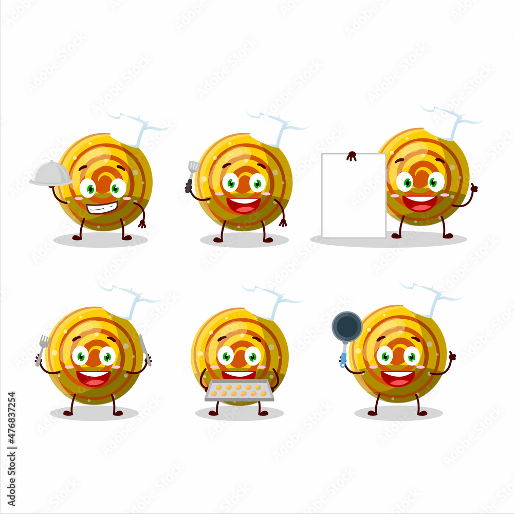 Cartoon character of yellow spiral gummy candy with various chef emoticons Cartoon character of yellow spiral gummy candy with various chef emoticons