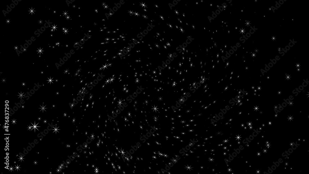 Abstract flying light particles of snowflakes on the background of the cosmic sky. Beautiful landscape of the night winter sky. 3D. 4K. Isolated black background.