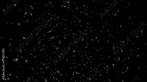 Abstract flying light particles of snowflakes on the background of the cosmic sky. Beautiful landscape of the night winter sky. 3D. 4K. Isolated black background.