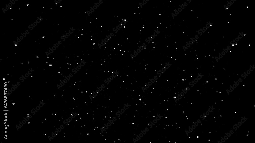 Futuristic, light particles of snowflakes fall against the background of the cosmic sky. Beautiful landscape of the night winter sky. 3D. 4K. Isolated black background.